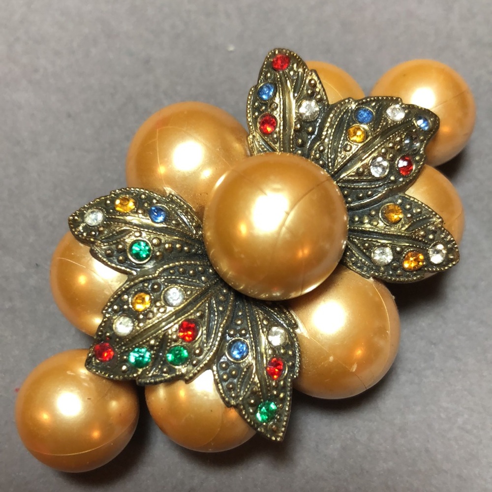 Large Faux Gold Pearls & Colored Rhinestones Brooch